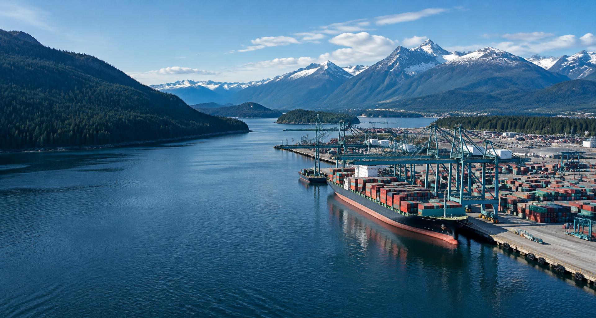 Container ship at a Canadian coastal port, surrounded by evergreen forests and mountains