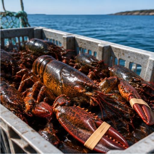 Atlantic lobsters in a fishing crate